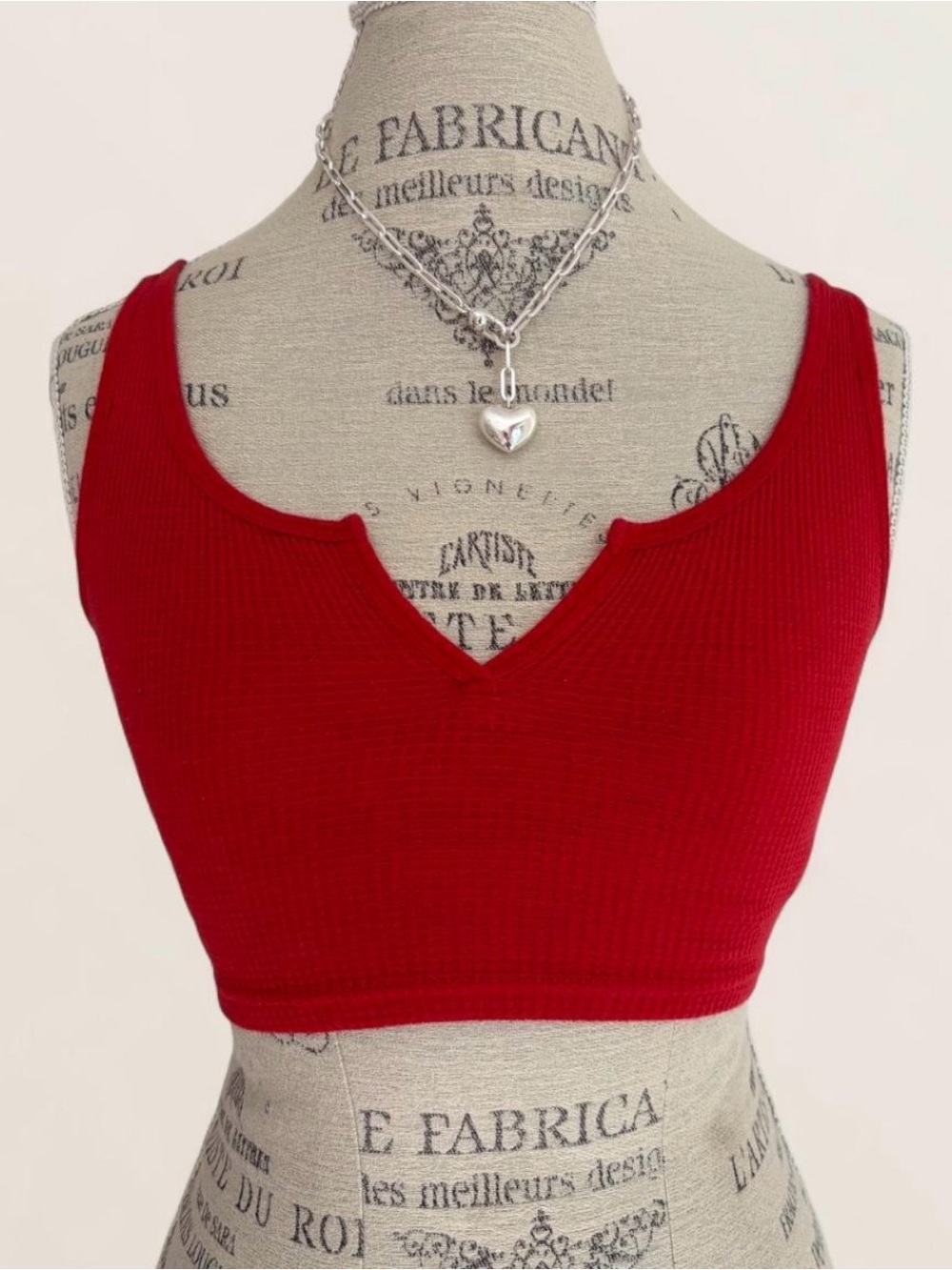TNA Red Waffle Patterned Ribbed V-Notch Crop Tank Top